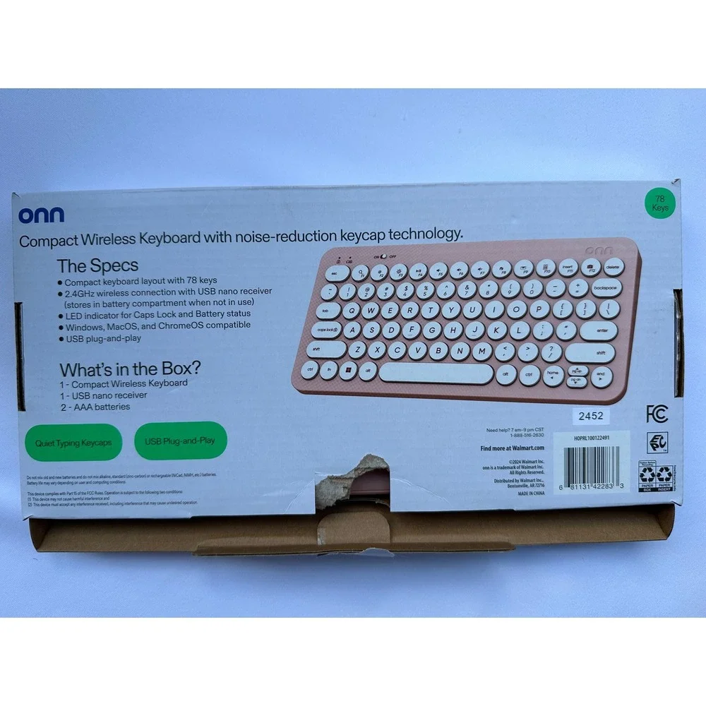 onn. Compact Wireless Keyboard Retro Style Round Keycaps 78‎ Keys Pink